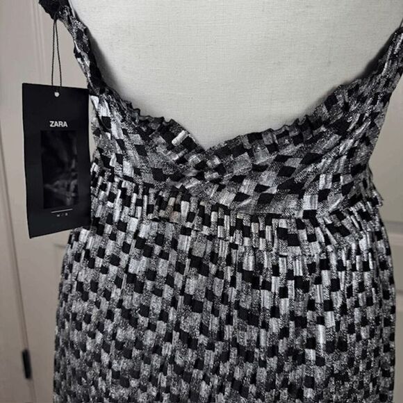 NWT‎ ZARA Black and Silver Metallic Party Mini Dress Waist Ruffle Size Small - Picture 6 of 14